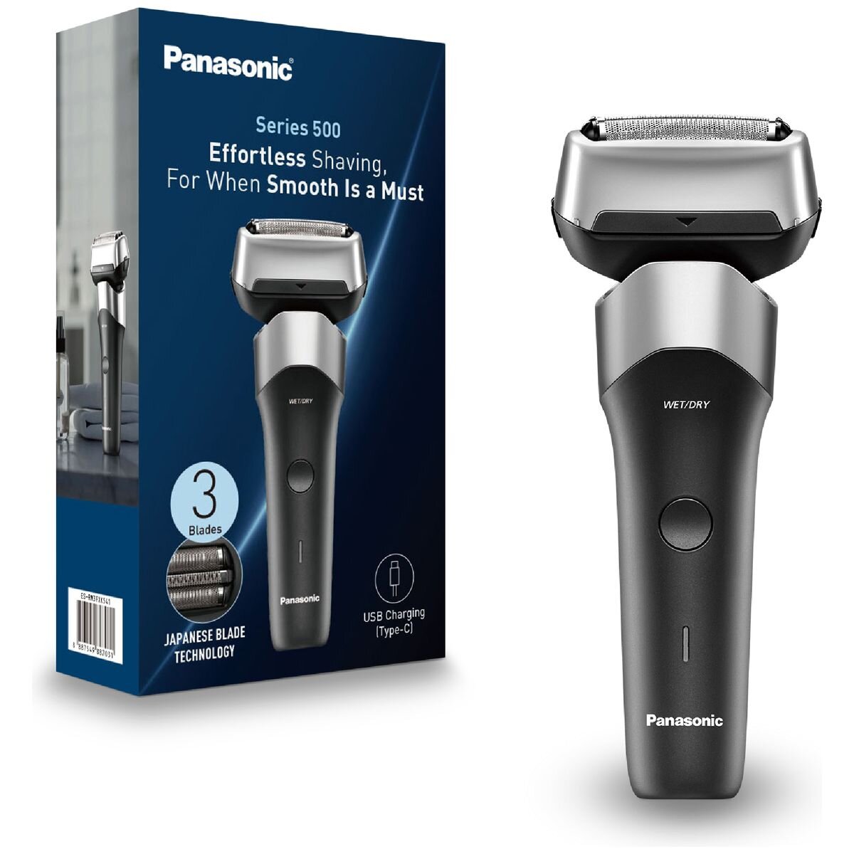 Panasonic Series 500 3-Blade Electric Shaver - Black - 10D Flexible Head, Wet and Dry, USB-C - ES-RM3FXK541
