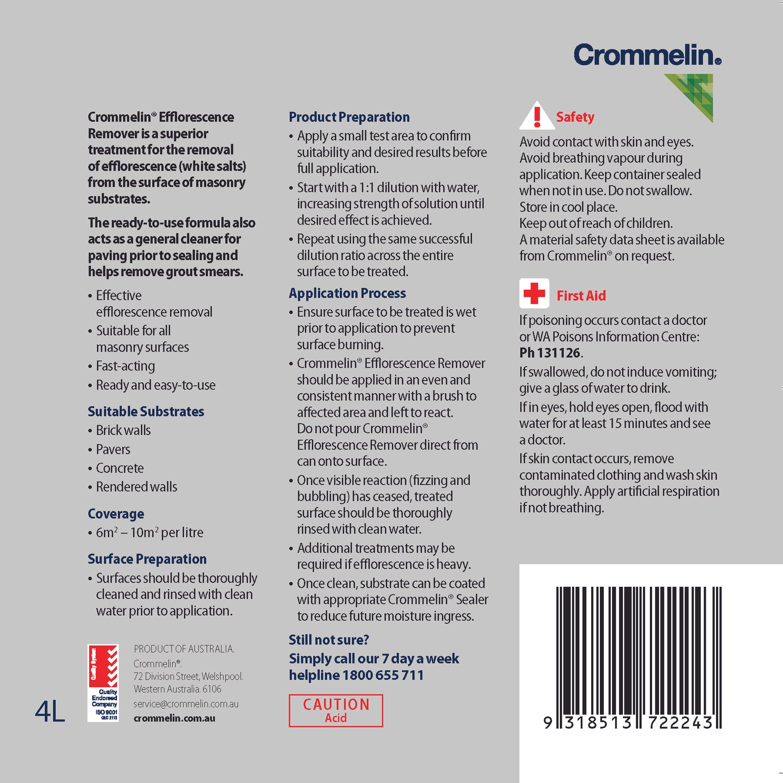 Crommelin 4L Efflorescence Remover Acid Masonry Salt Deposit Cleaner