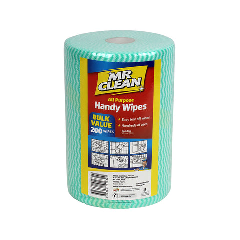 Mr Clean Handy Wipes 200 Pack - Reusable Non-Woven Cleaning Cloths, Green