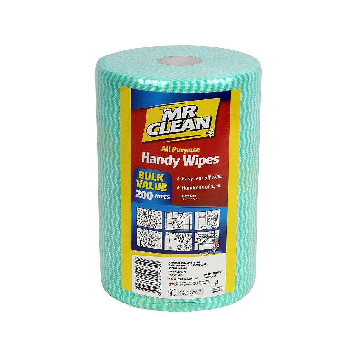 Mr Clean Handy Wipes 200 Pack - Reusable Non-Woven Cleaning Cloths, Green