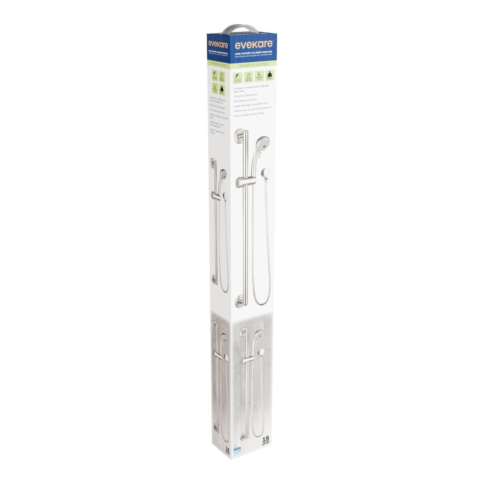 Evekare 900mm Brushed Nickel Grab Rail & 3 Function Shower, 2m Hose, 8.5L/min, 250kg, 3 Star WELS