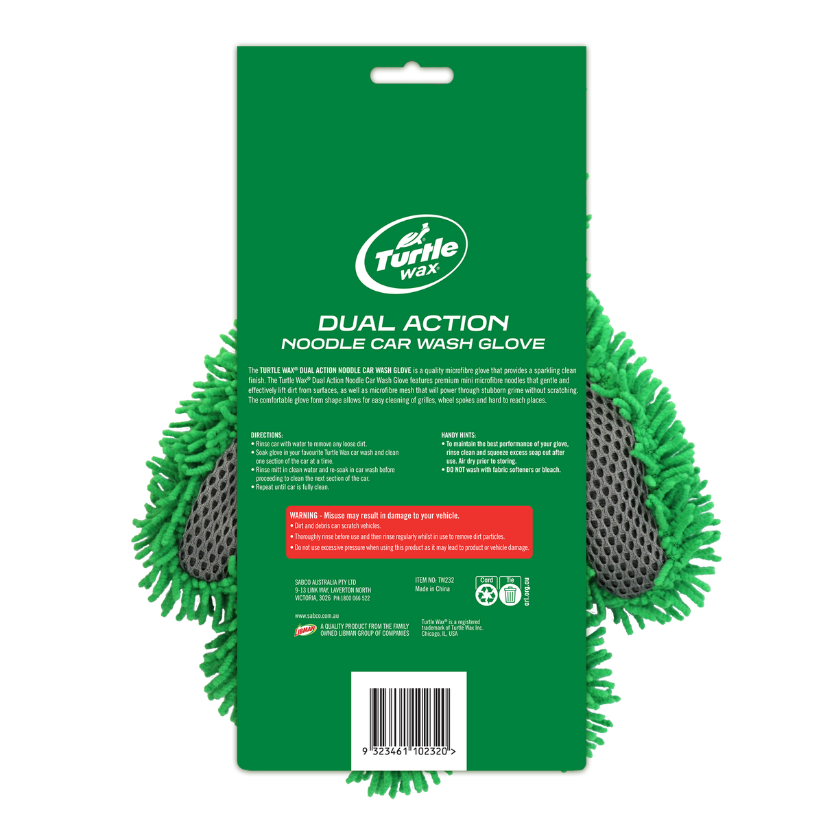 Turtle Wax Dual Action Noodle Car Wash Glove - 190mm x 285mm - Multi-colour - Non-scratch Microfibre - SuperSaverAU - view 2