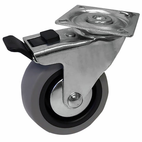 Easyroll 75mm Grey Rubber Swivel Plate Castor with Brake, 55kg Load