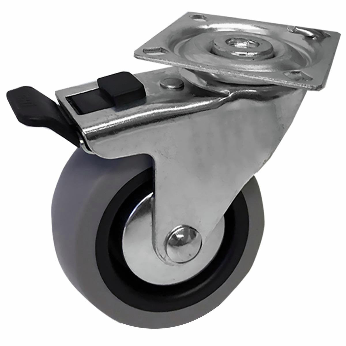 Easyroll 75mm Grey Rubber Swivel Plate Castor with Brake, 55kg Load