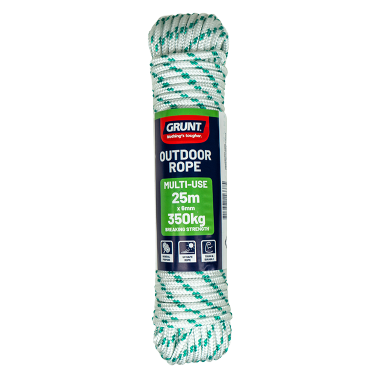Grunt 6mm x 25m Outdoor Rope, White with Green Trace, Braided PP Multi-Filament, 350kg Break Strength