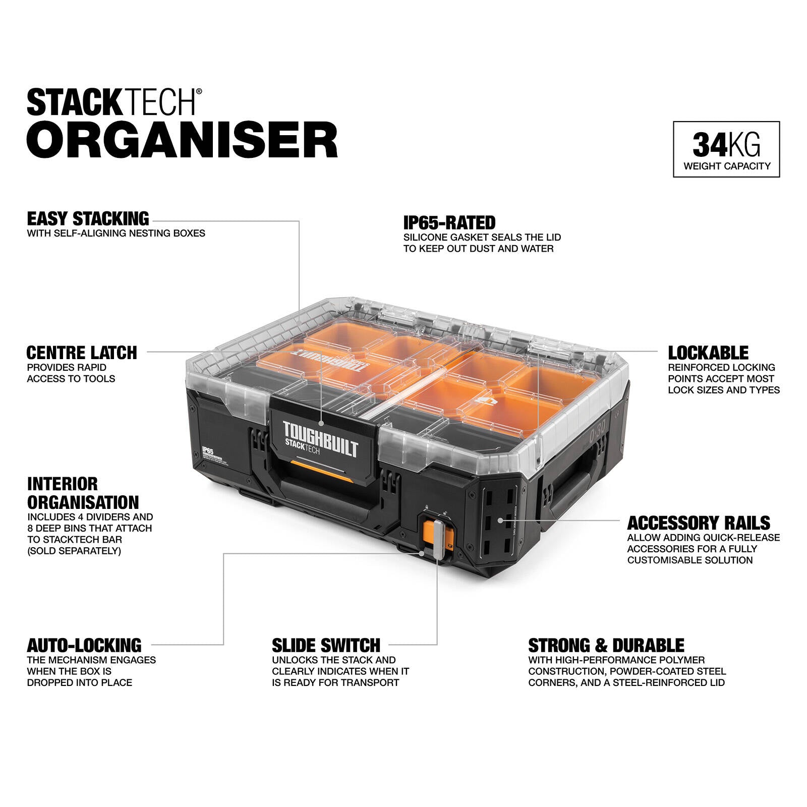 ToughBuilt StackTech Organiser - Low-Profile Stackable Bin Organiser