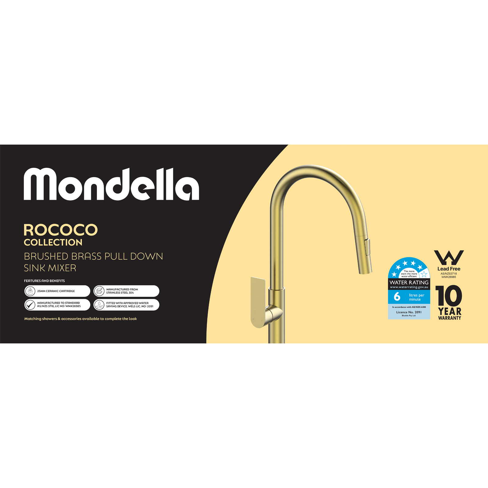Mondella Rococo Pull Down Sink Mixer Brushed Brass WELS 5 Star 6L/min