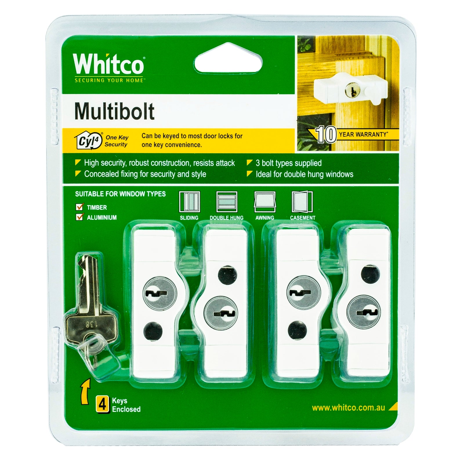 Whitco CYL4 Multi Bolt Window Lock 4 Pack - White Lockable Zinc