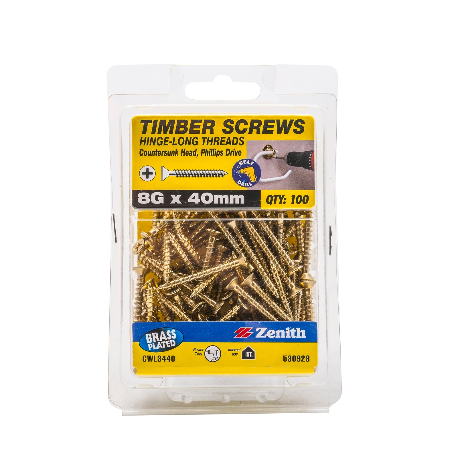 Zenith 8G x 40mm Brass Plated Countersunk Timber Screws - Hinge-Long Thread, 100 Pack
