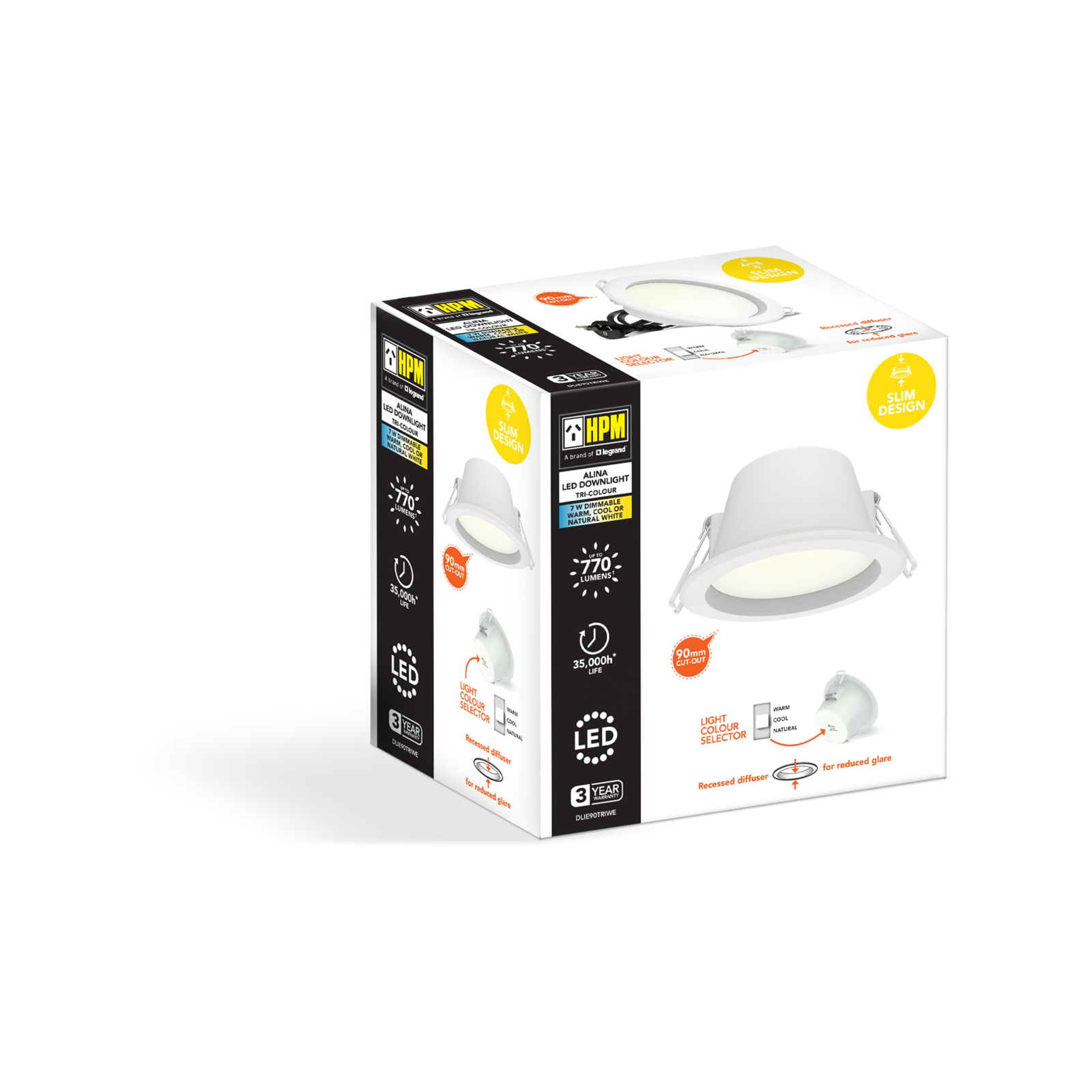 HPM Alina 90mm LED Tri-Colour Recessed Downlight, 7W 770lm IP44 DLIE90TRIWE