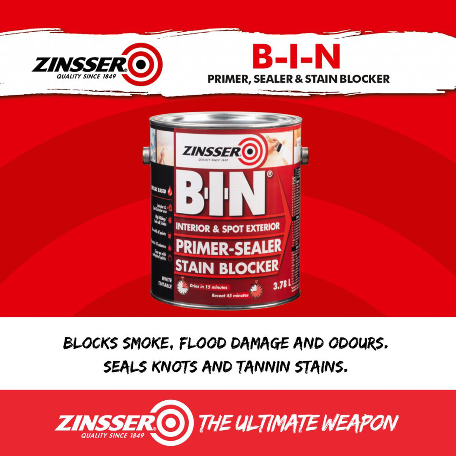 Zinsser B-I-N Primer Sealer Stain Blocker 946ml - White Shellac Based Brush & Roller