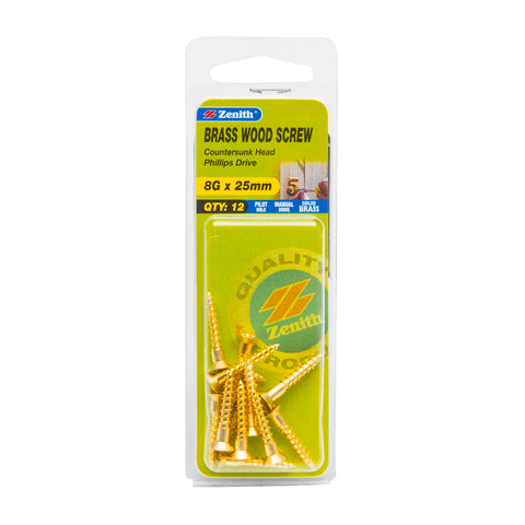 Zenith 8G x 25mm Solid Brass Countersunk Head Wood Screws, Needle Point, 12 Pack