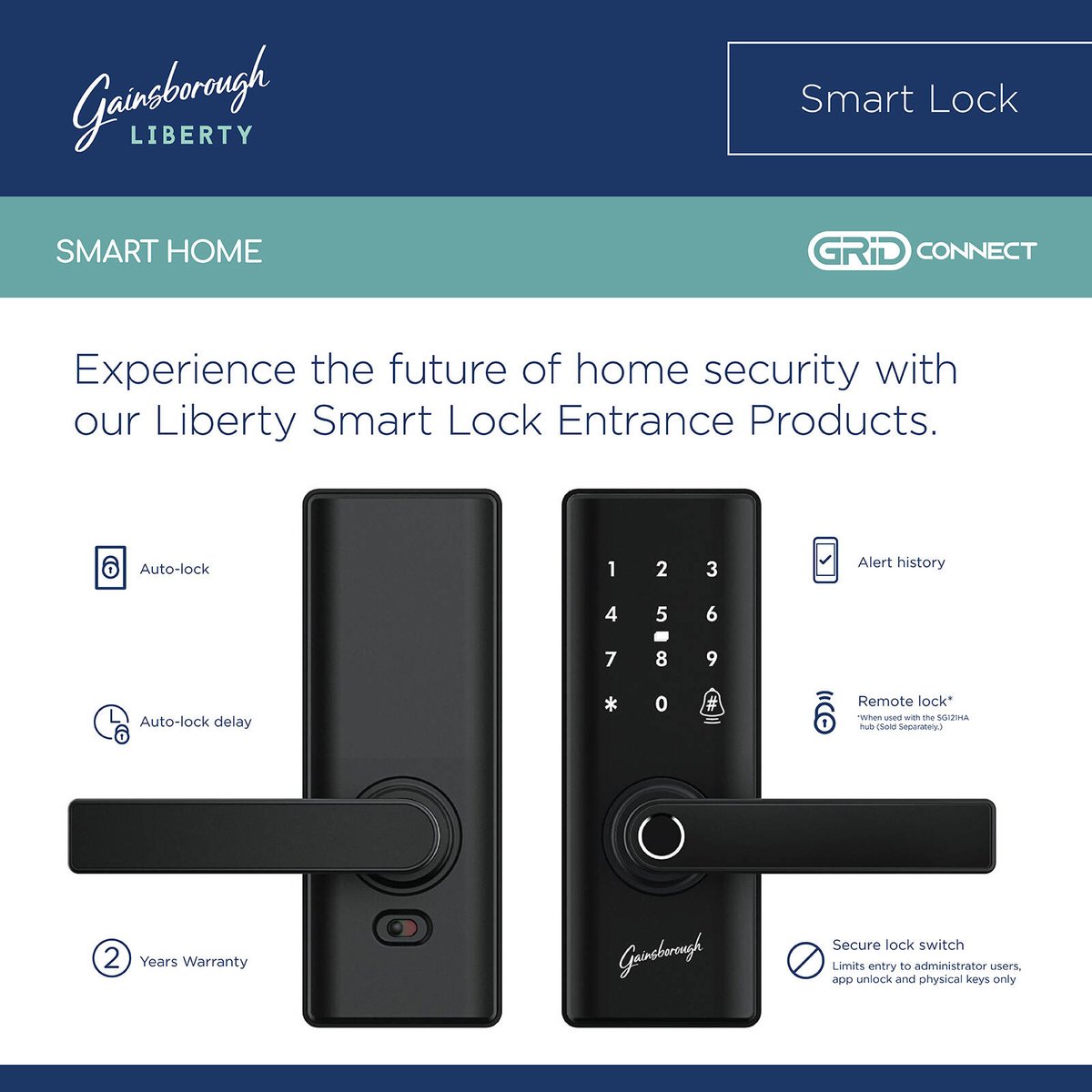 Gainsborough Liberty Smart Entrance Lock GLIBENTBL - Black, App Controlled, Fingerprint & RFID