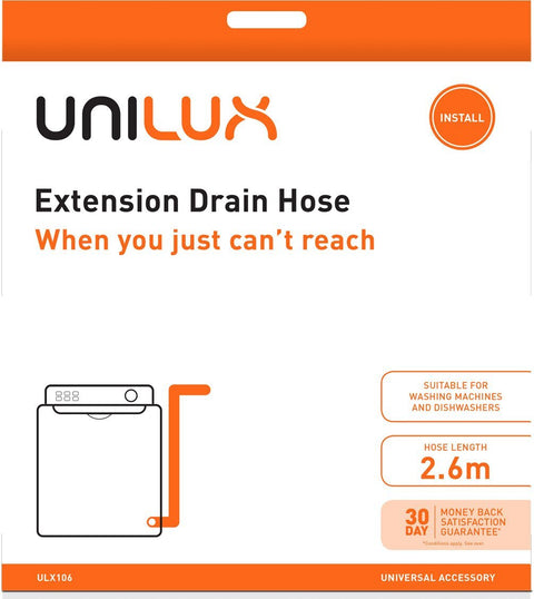 Unilux 2.6m extension drain hose with wall mount hook adaptor - dishwashers and washing machines - ULX106