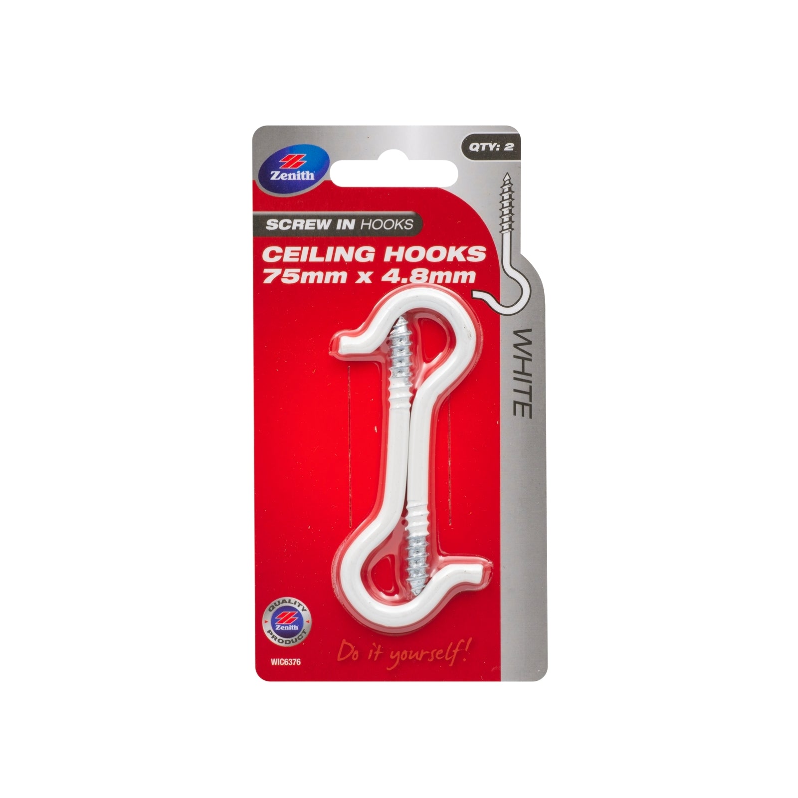 Zenith 75 x 4.8mm Ceiling Screw Hook - White Powder Coated Steel, 2 Pack