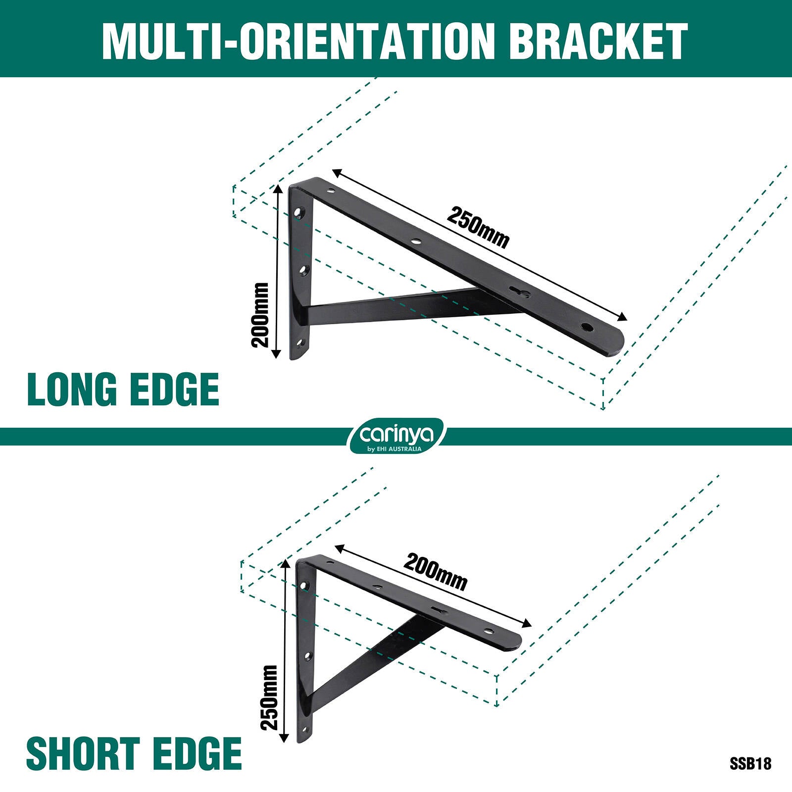 Carinya 250 x 200mm Black Heavy Duty Straight Stayed Bracket, Powder Coated Steel, 175kg