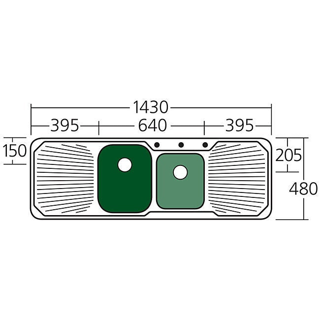 Oliveri Petite 1430mm 1 and 3/4 Bowl Topmount Sink - Double Drainer, Rear Waste Outlets, 1 Taphole - PE341-1TH