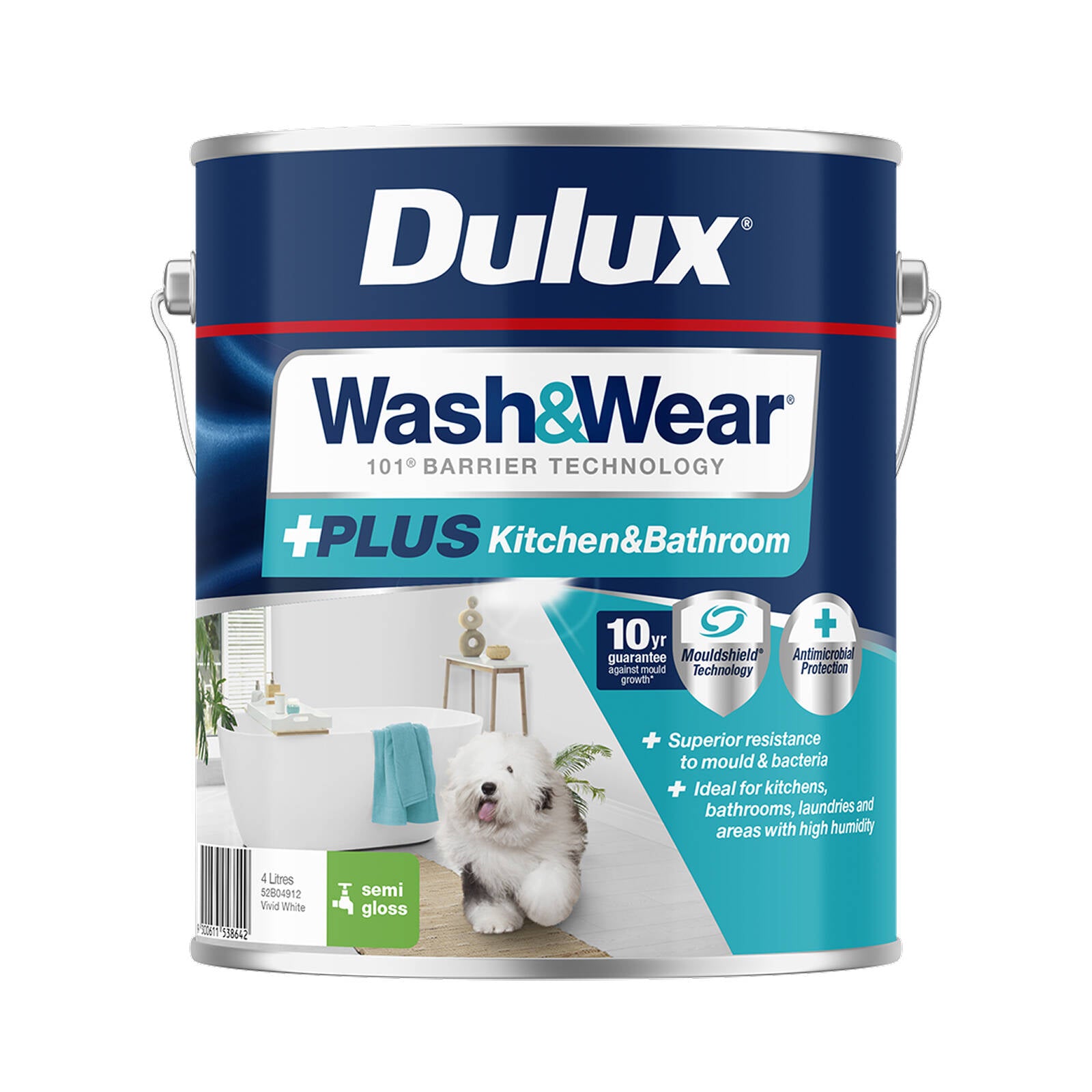 Dulux Wash&Wear +PLUS Kitchen & Bathroom Interior Paint 4L Semi Gloss Vivid White