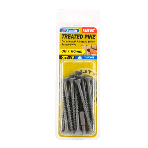 Zenith 8G x 60mm Tufcote Countersunk Rib Head Treated Pine Screws - 16 Pack