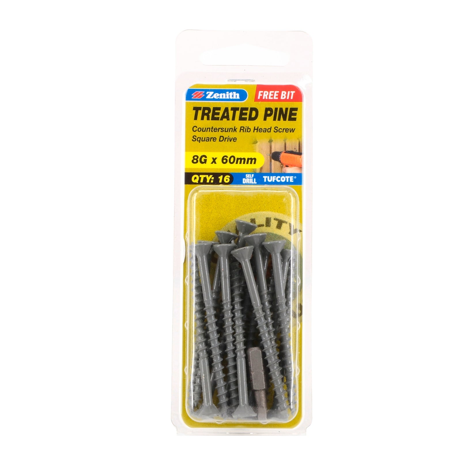 Zenith 8G x 60mm Tufcote Countersunk Rib Head Treated Pine Screws - 16 Pack
