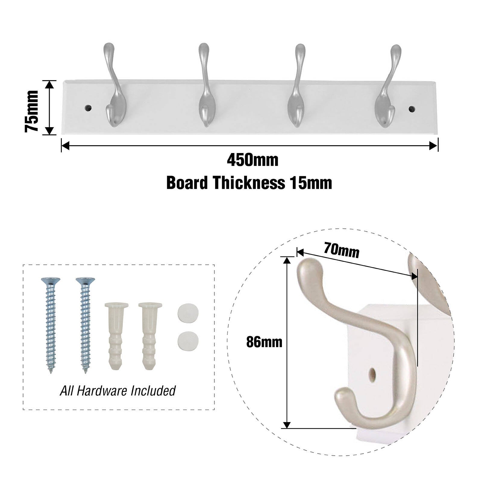 Syneco 450mm White MDF Coat Rack 4 Hooks