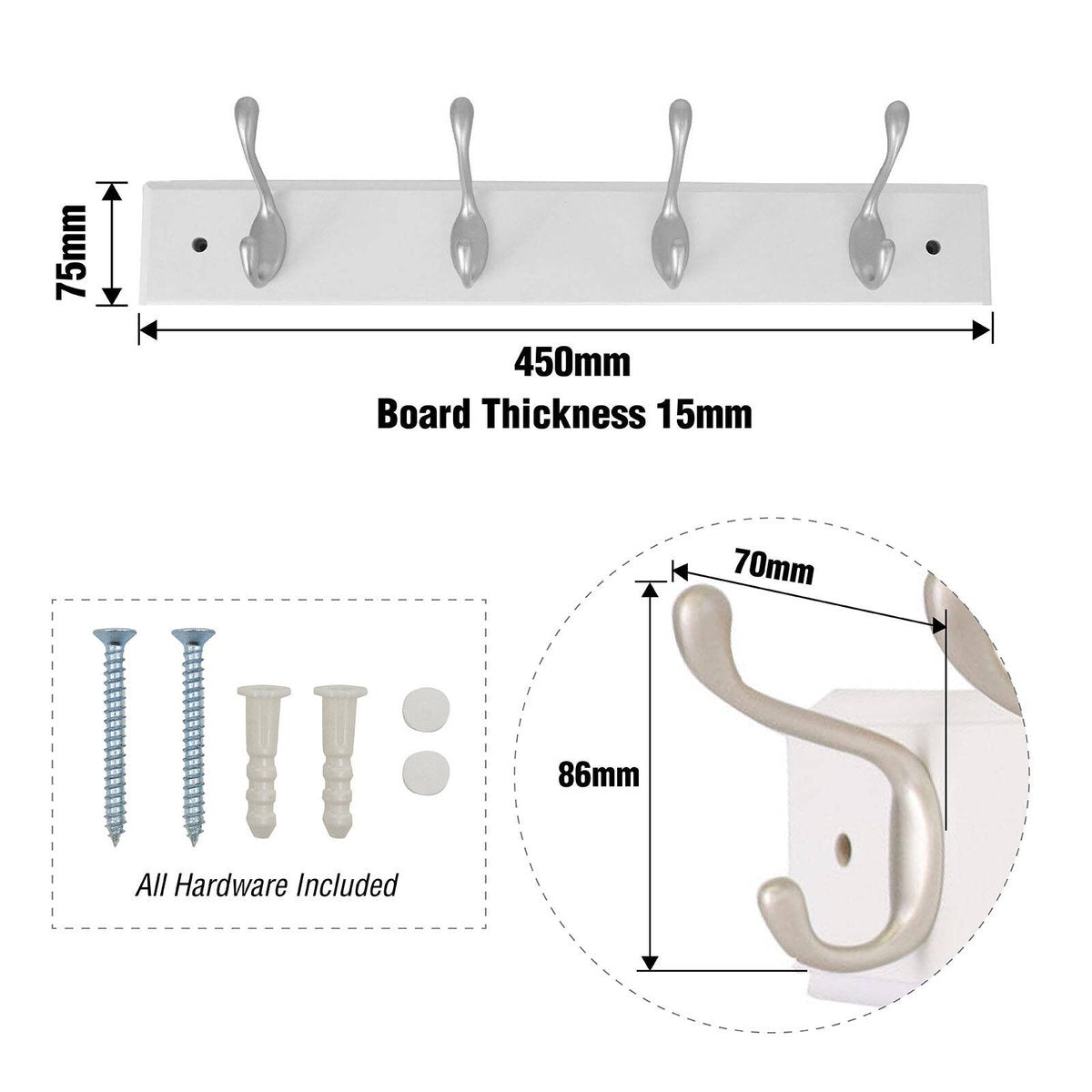 Syneco White Board Coat Rack - 4 Hooks - 450mm x 100mm x 75mm - White/Silver - SuperSaverAU - view 3