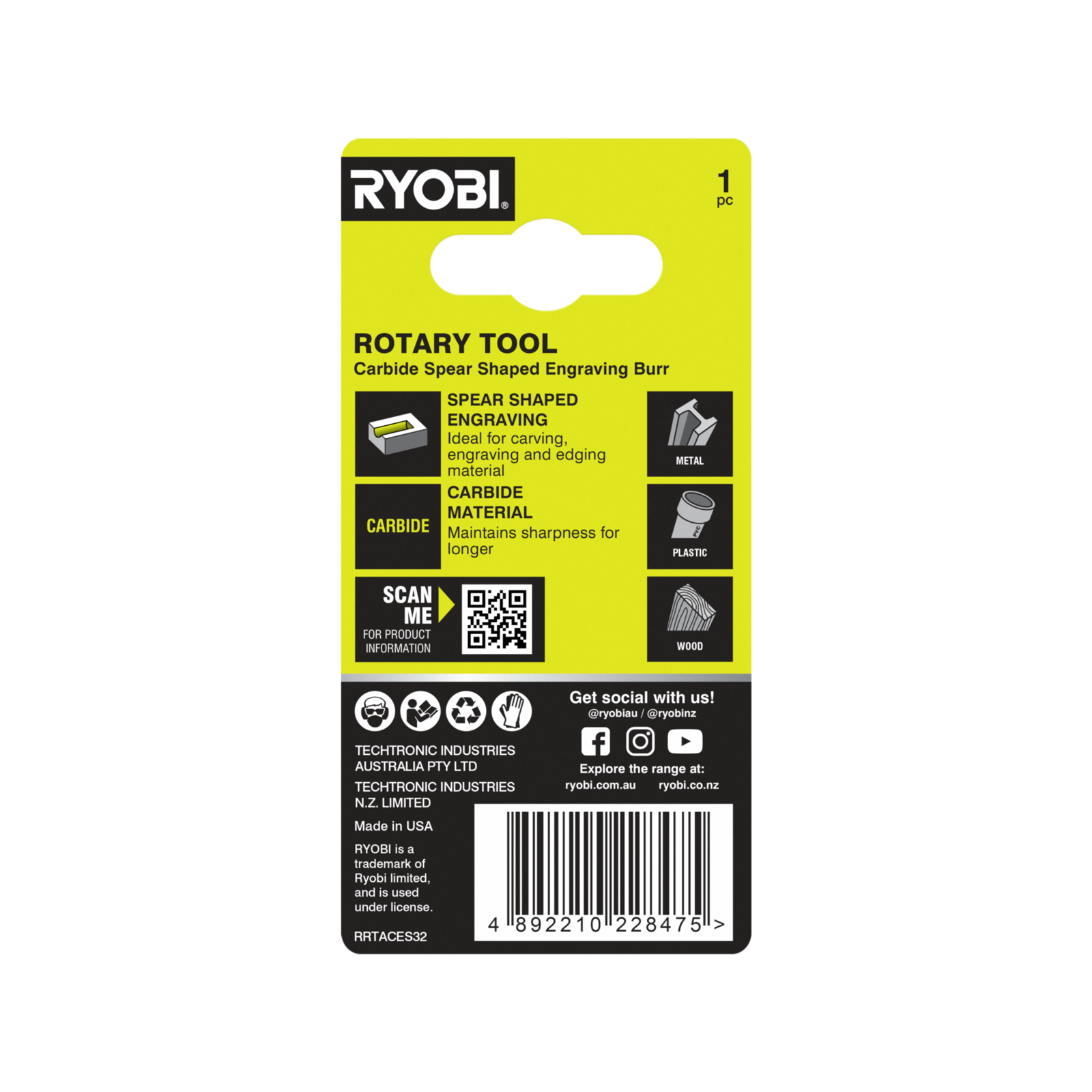 Ryobi 3.2mm Spear-Shaped Engraving Burr for Rotary Tools - Universal Shank
