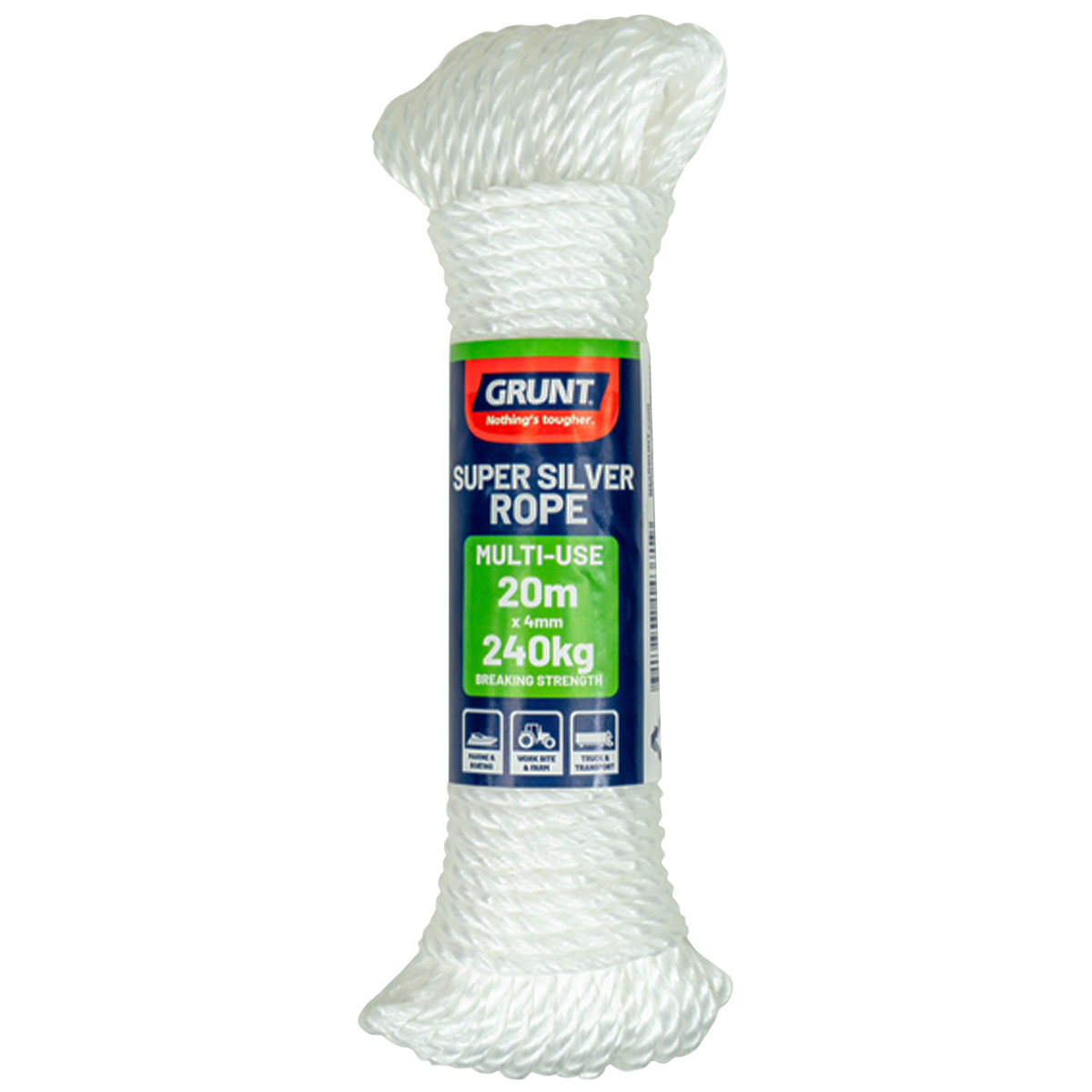 Grunt Super Silver 4mm x 20m Rope, White Twisted Polypropylene, Floats, 240kg Break Strength