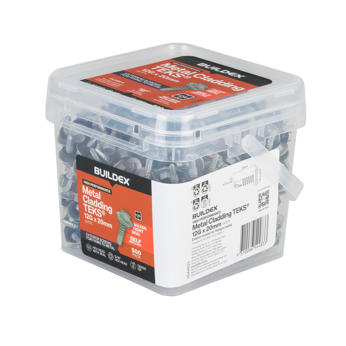 Buildex 12G x 20mm Class 4 Metal Cladding TEKS Screws with Seal - 500 Pack