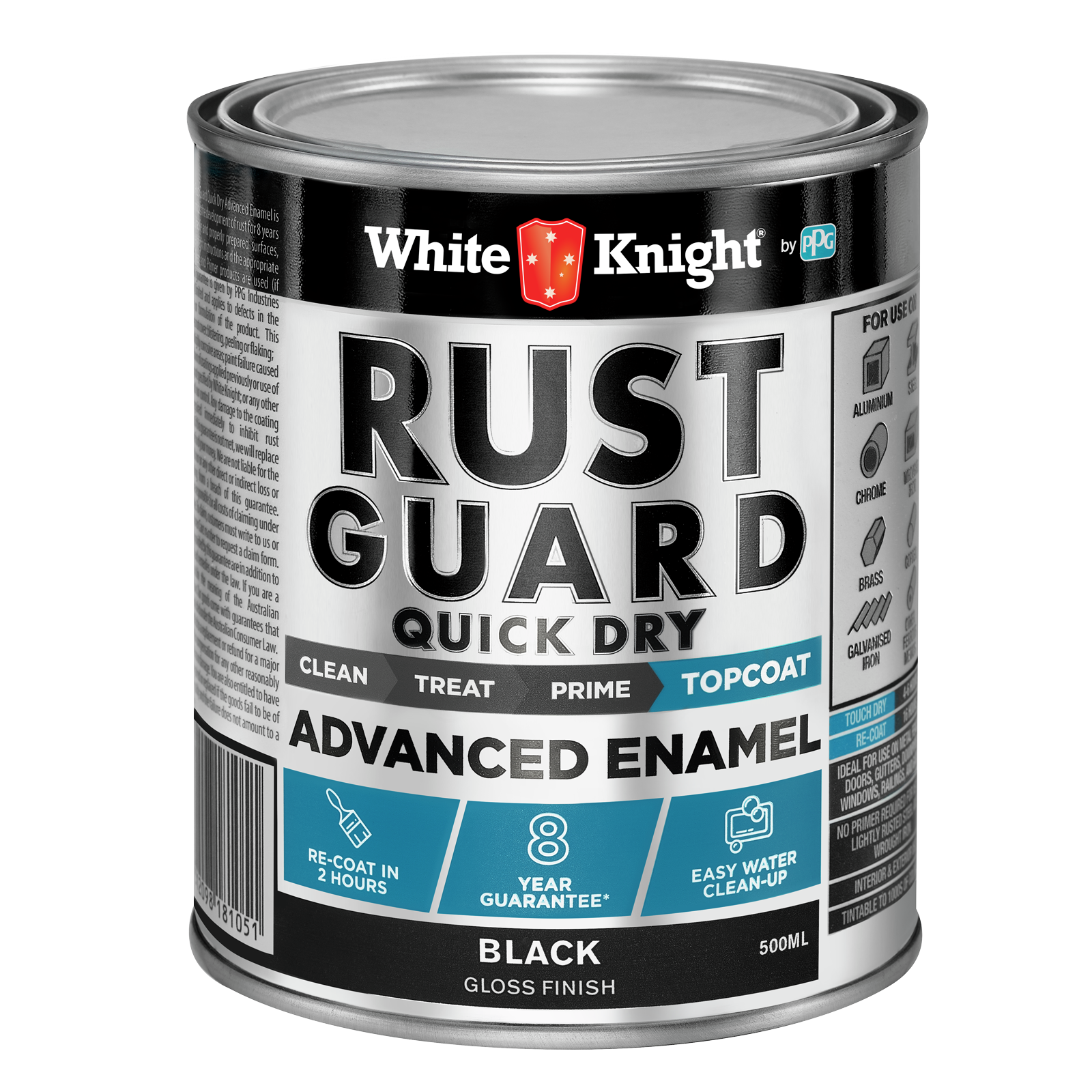 White Knight Rust Guard 500ml Black Gloss Quick Dry Advanced Enamel Paint