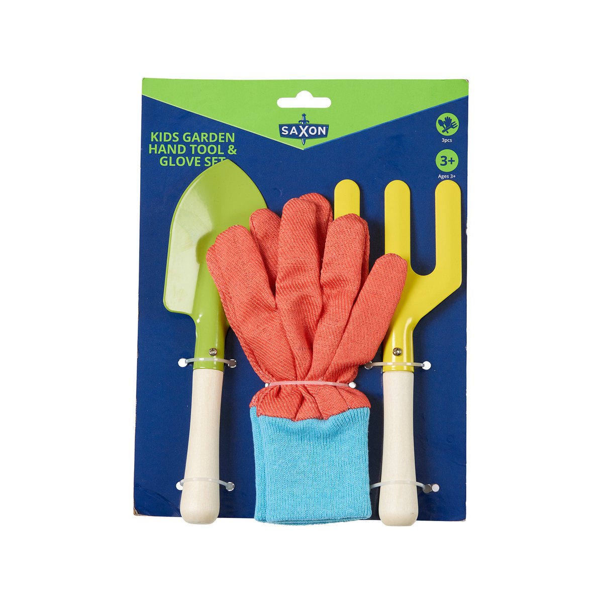 Saxon Kids Garden 3 Piece Set with Gloves - Trowel, Fork & Cotton Gloves, Steel Heads