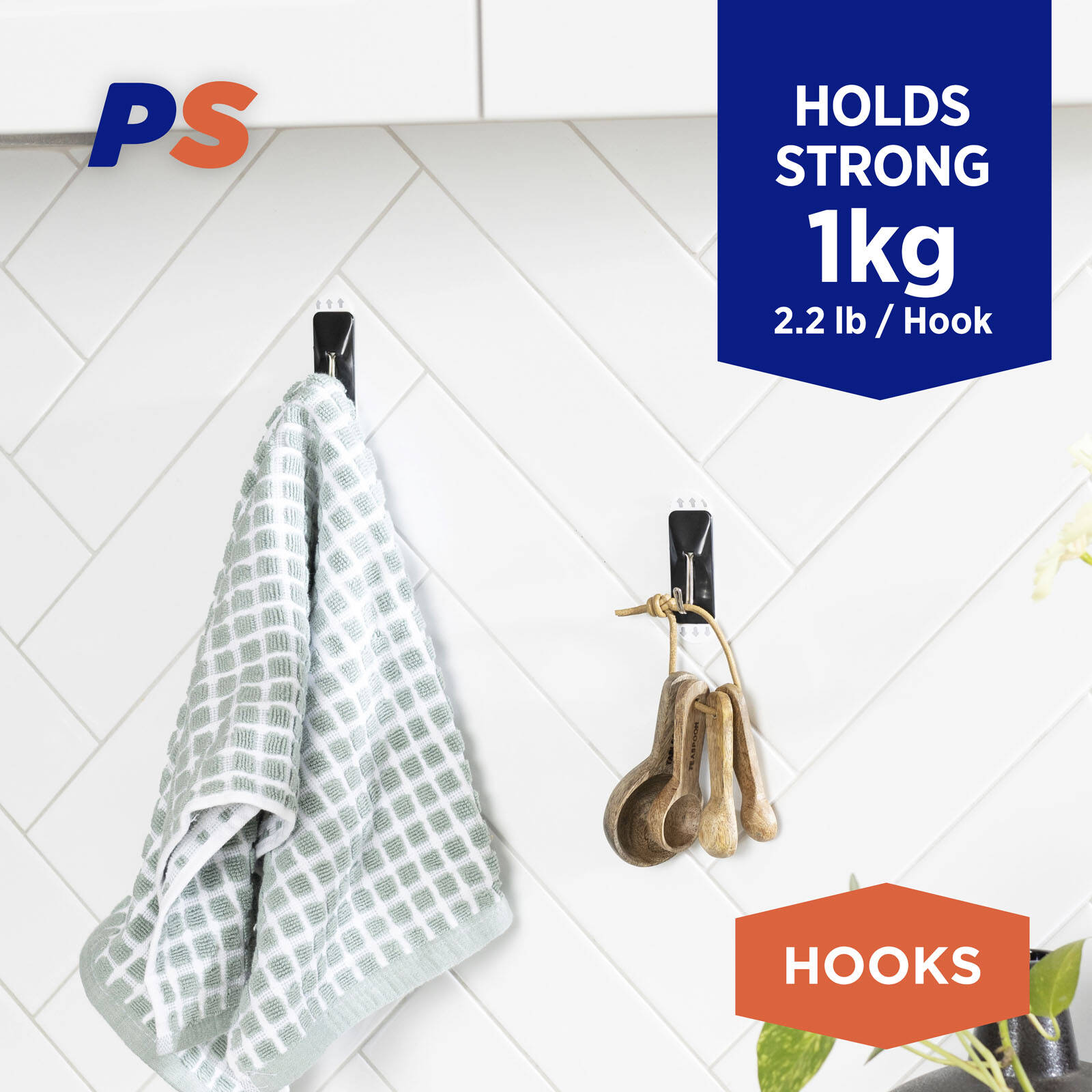 Permastik Medium Self-Adhesive Kitchen Hooks 4 Pack - Black, Holds 1kg