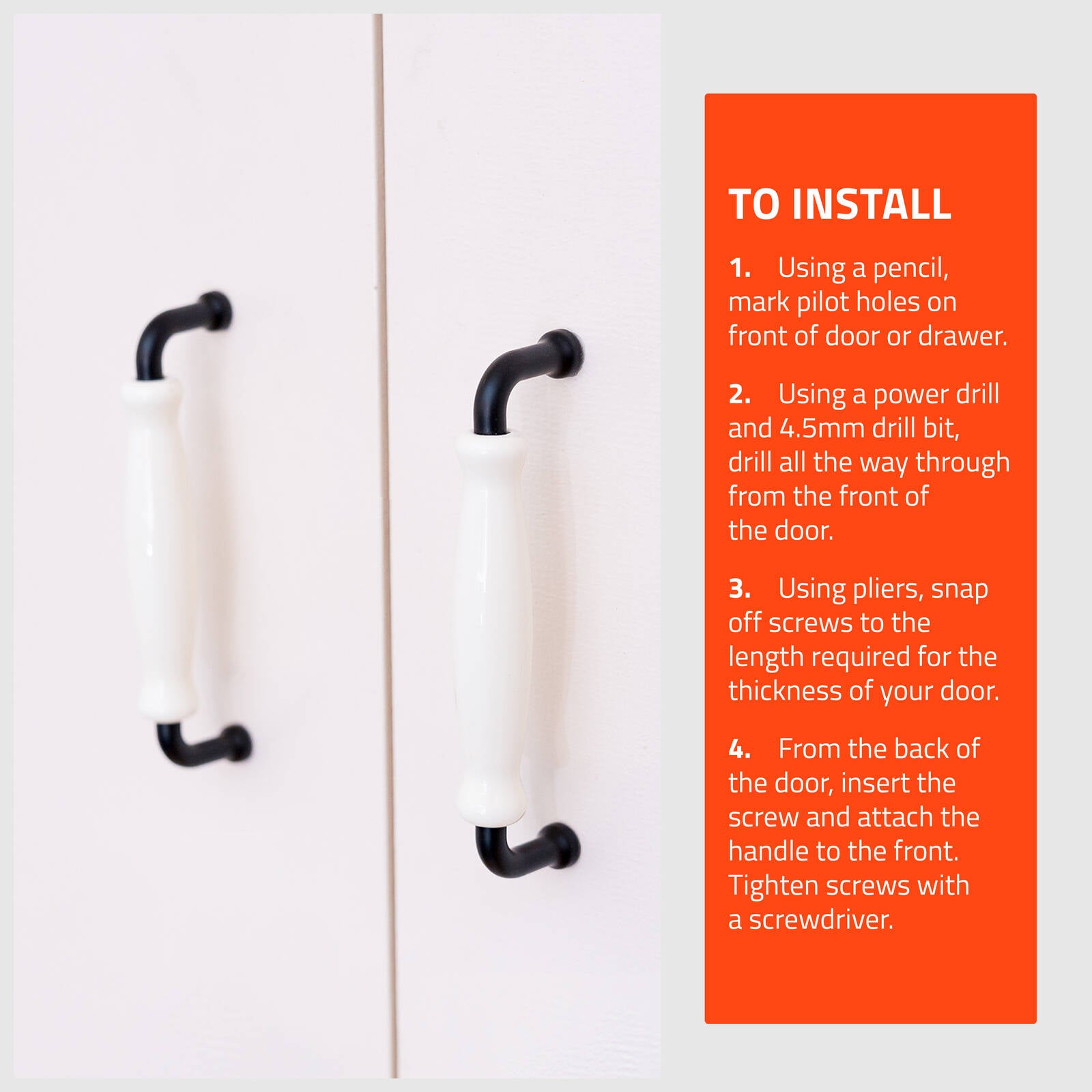 Taskmaster 128 x 32mm Ceramic Cabinet Handle 4 Pack Matte Black on White