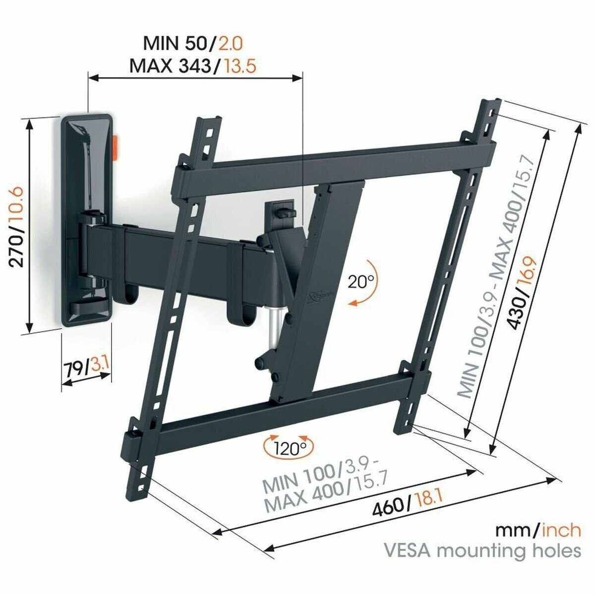 Vogel's Full-Motion TV Wall Mount for 32 to 65 Inch TVs - 120° Turn, OneFinger Movement, Black - TVM3425B