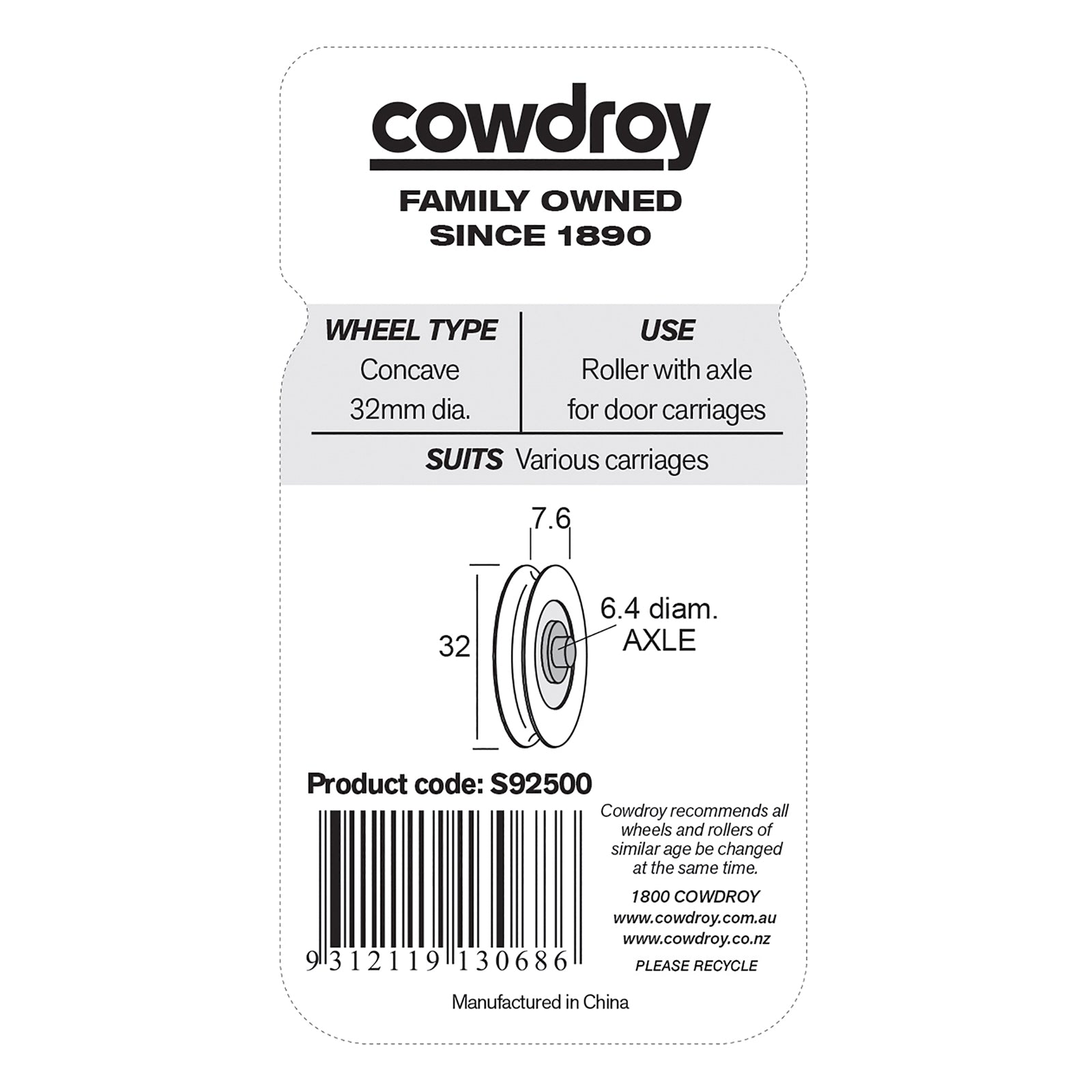 Cowdroy 32mm Replacement Steel Bearing Delrin Roller 25kg