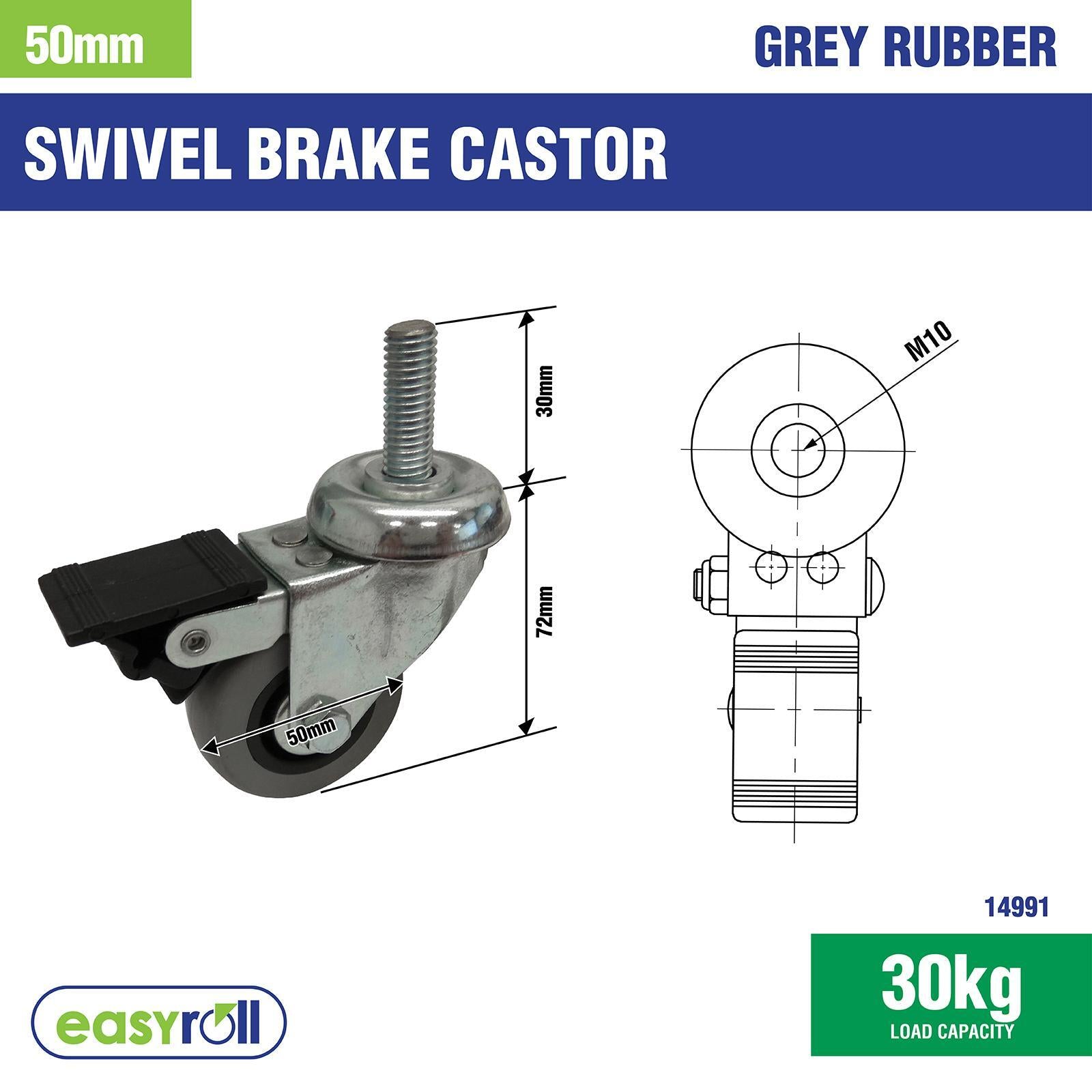 Easyroll 50mm Grey Rubber Swivel Castor with Brake, 30kg Load