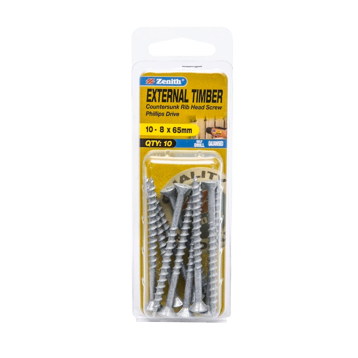 Zenith 10-8 x 65mm Galvanised Countersunk Rib Head External Timber Screws - 10 Pack