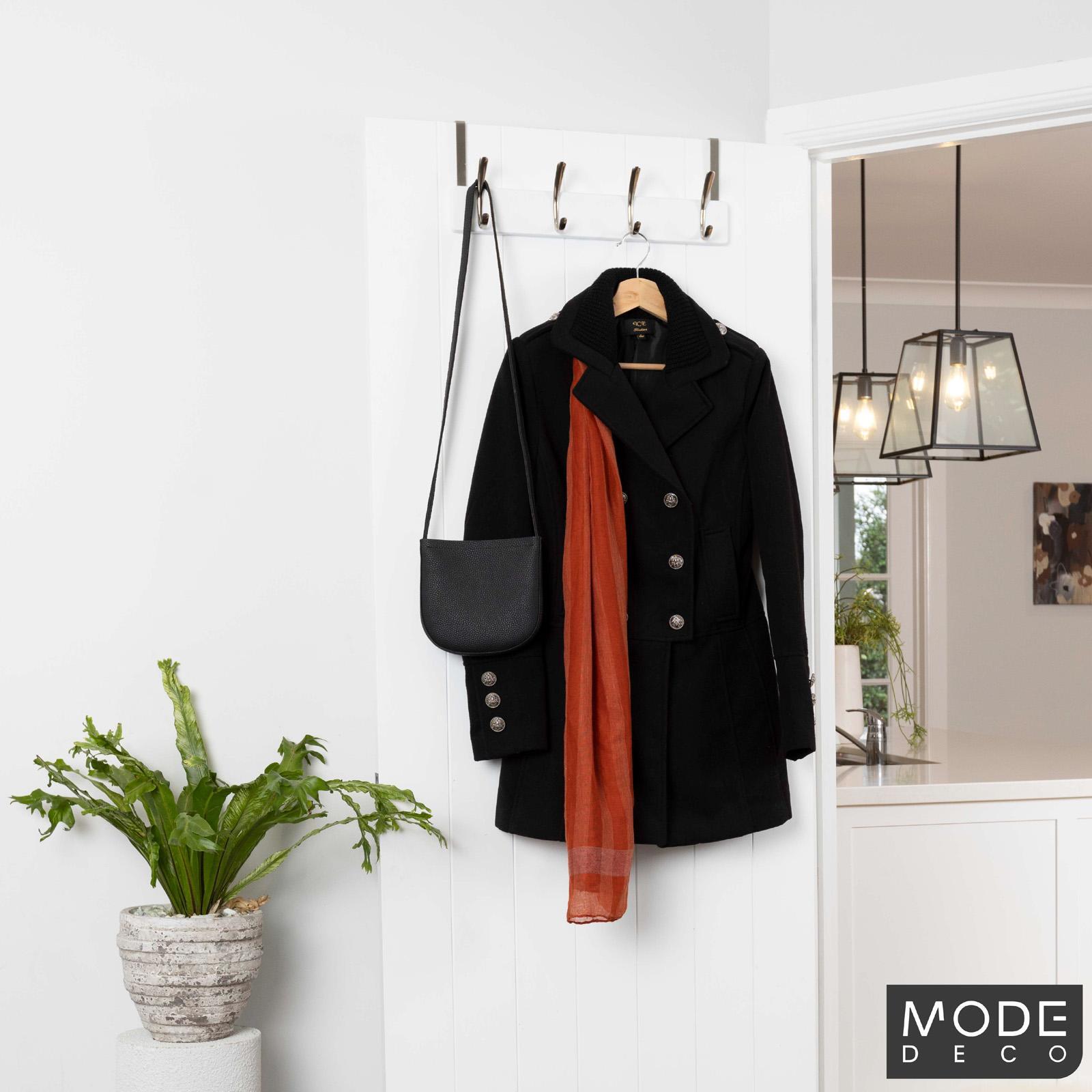 MODE 450 x 70 x 45mm White Over-Door Hanger with 4 Brushed Nickel Hooks