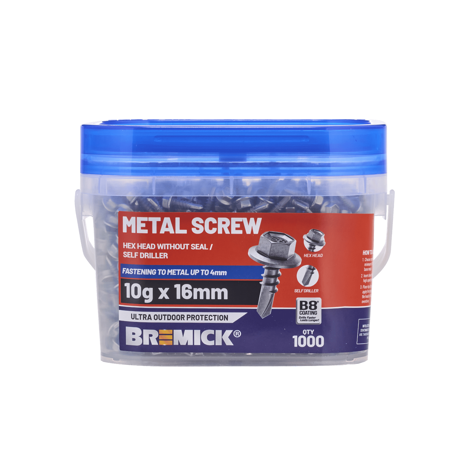 Bremick 10g x 16mm Hex Head Metal Screw, Carbon Steel B8 Coating, Fine Thread Drill Point - 1000 Box