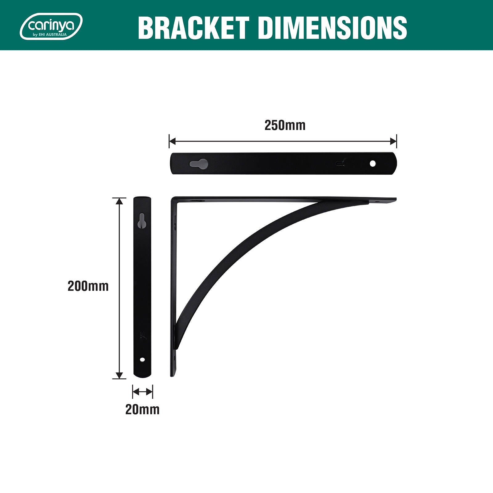 Carinya 250 x 200mm Black Powder Coated Steel Arch Stayed Bracket Wall Mount 50kg Load