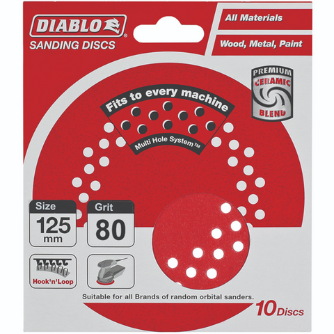 Diablo 125mm 80 Grit Hook & Loop Random Orbital Sanding Discs, Ceramic Blend, 10 Pack