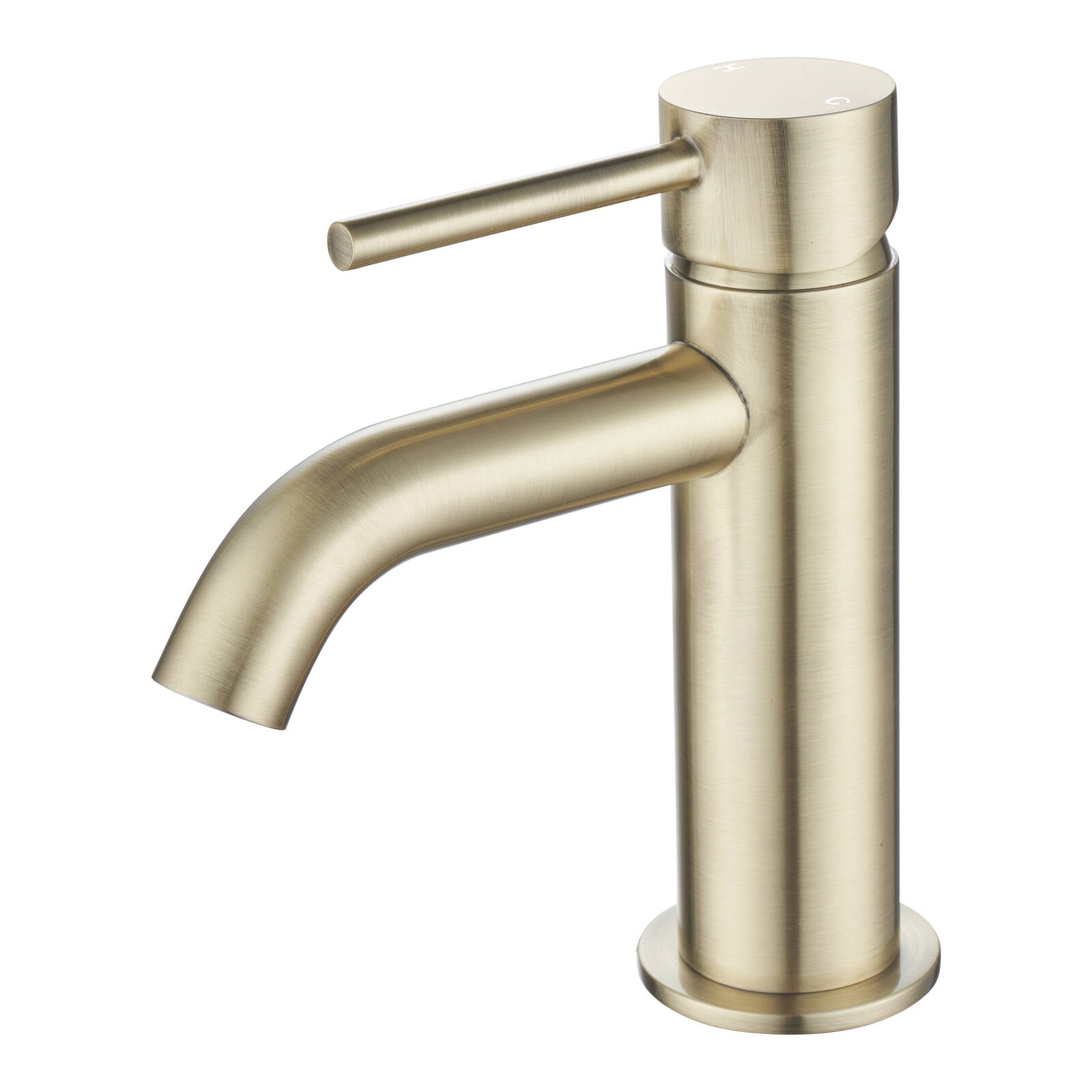 Mondella Resonance Brushed Brass Curved Spout Basin Mixer, 25mm Cartridge, Pin Lever, 6L/min WELS 5 Star