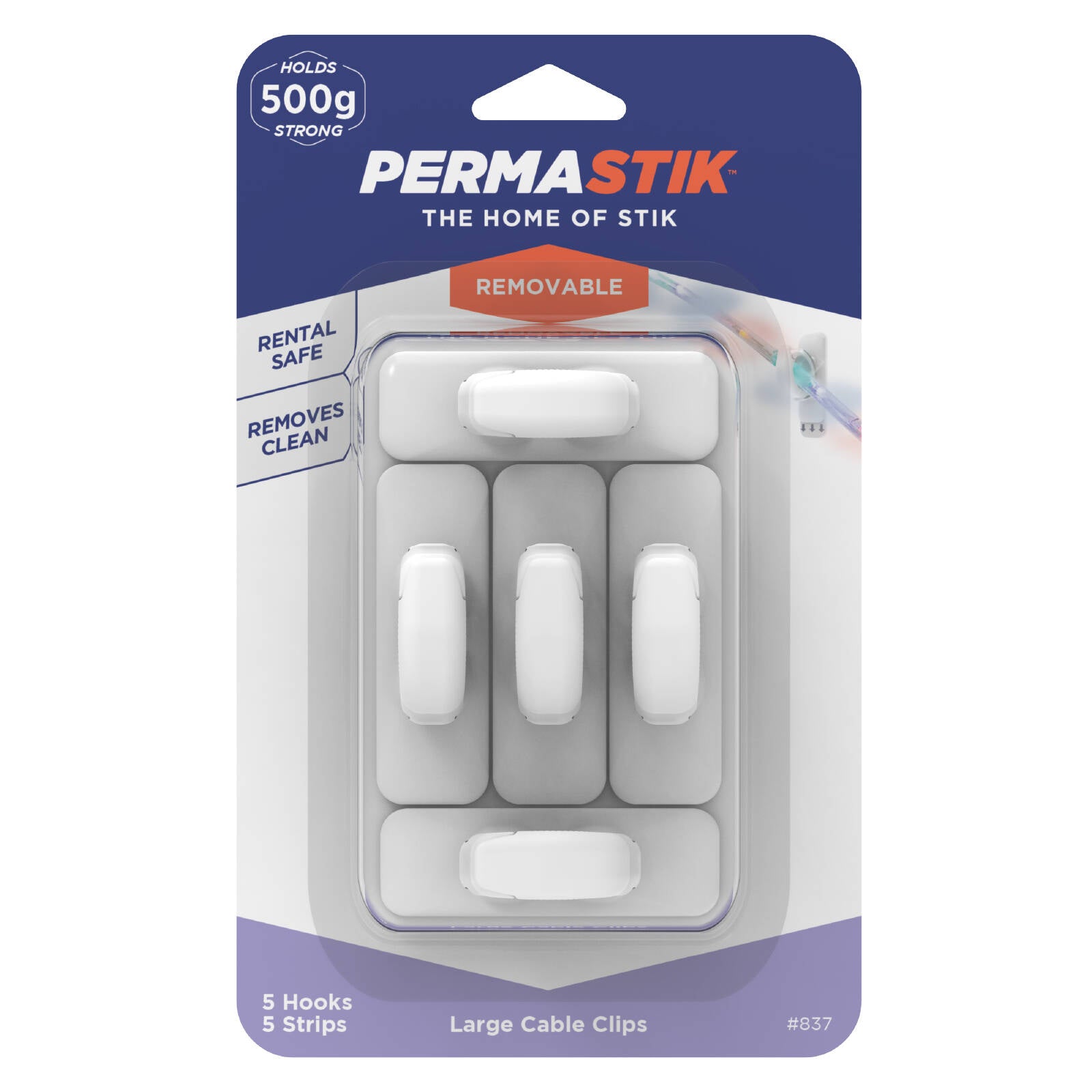 Permastik Large White Cable Clips - 5 Pack, Self-Adhesive