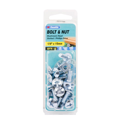 Zenith 1/4" x 15mm Zinc Plated Mushroom Head Bolt and Nut - 15 Pack