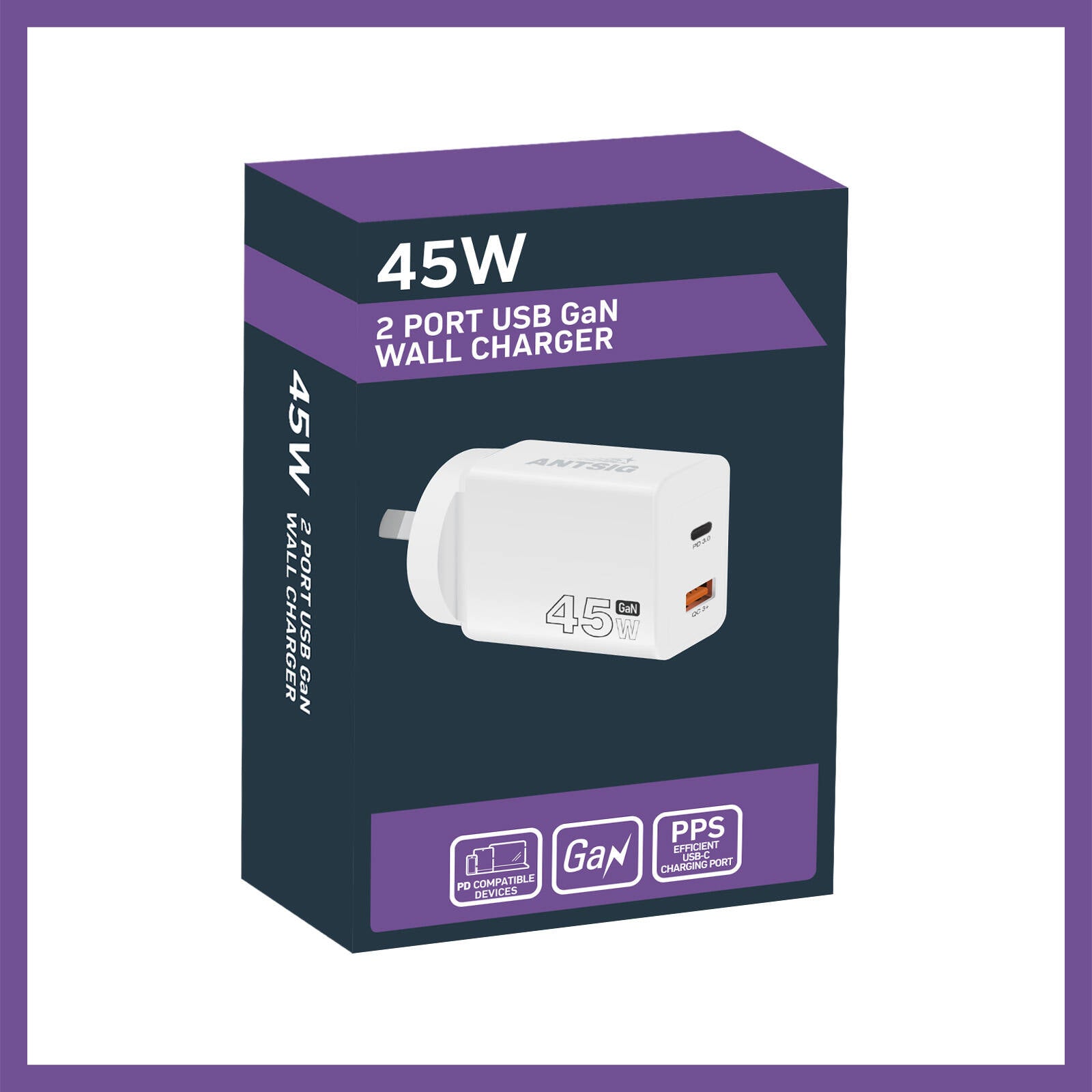 Antsig 45W 2-Port USB GaN Wall Charger APWC45WAC - White, USB-C PD & USB-A