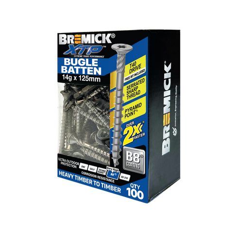 Bremick XTP 14g x 125mm Carbon Steel T40 B8 Bugle Batten Screws 100 Pack