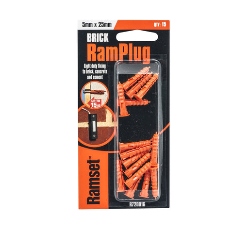 Ramset 5 x 25mm RamPlug Nylon Wall Anchor - 15 Pack, Orange Light Duty