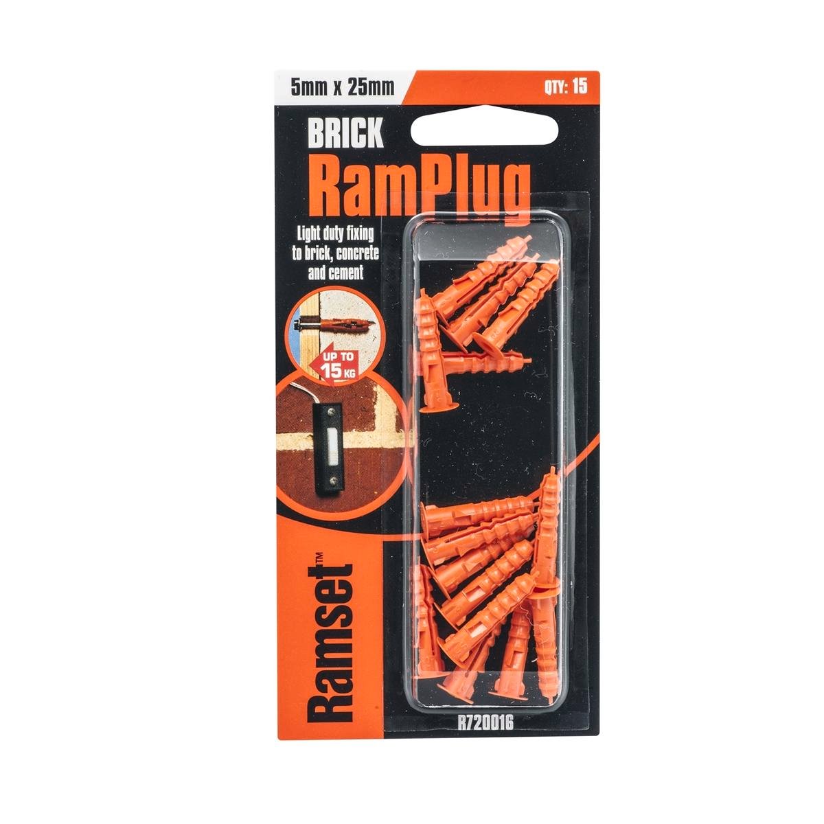 Ramset 5 x 25mm RamPlug Nylon Wall Anchor - 15 Pack, Orange Light Duty