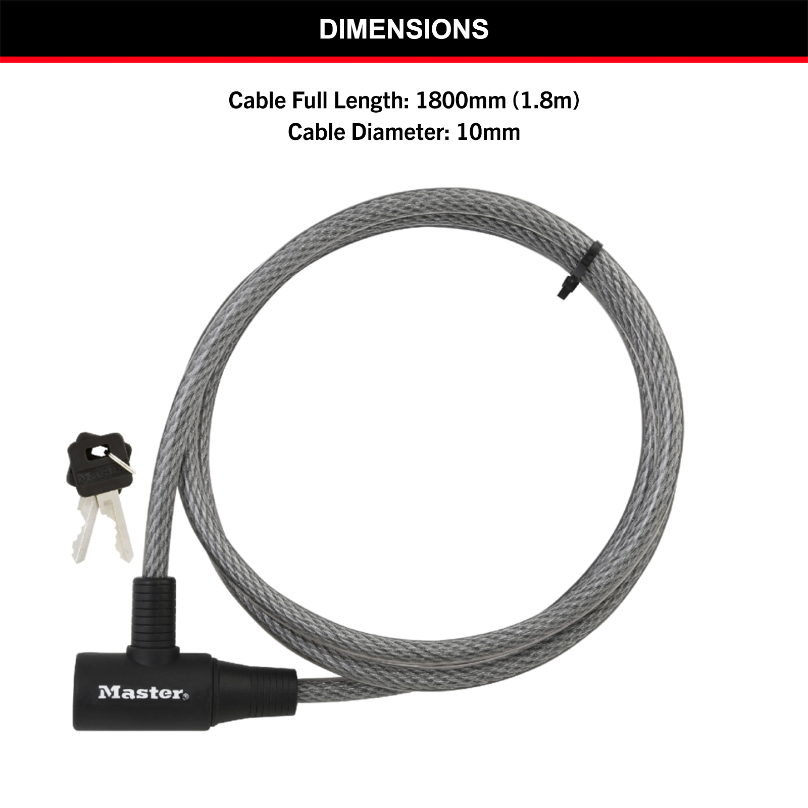 Master Lock 10mm x 1.8m Keyed Cable Lock, Vinyl-Coated Braided Steel