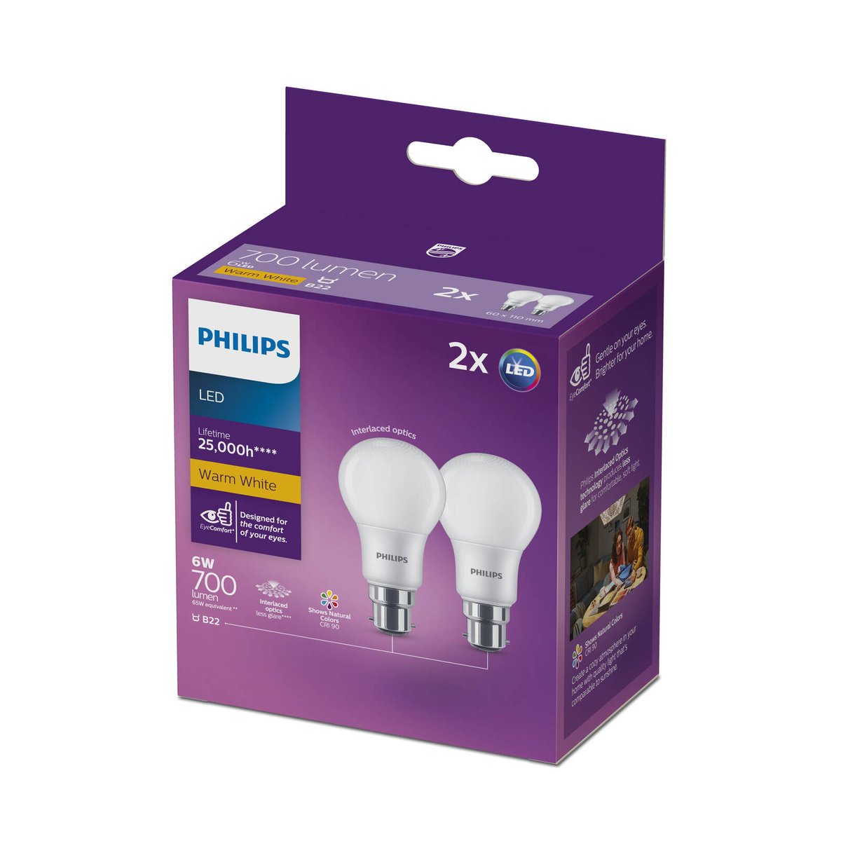 Philips A60 B22 LED 700lm Warm White 6W Globe 3000K - 2 Pack